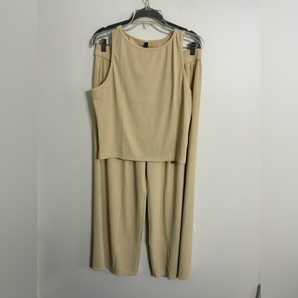 Pretty Garden Ribbed Wide leg Pant and tank set Summer Oatmeal NWT  SIZE XLARGE - Picture 2 of 6